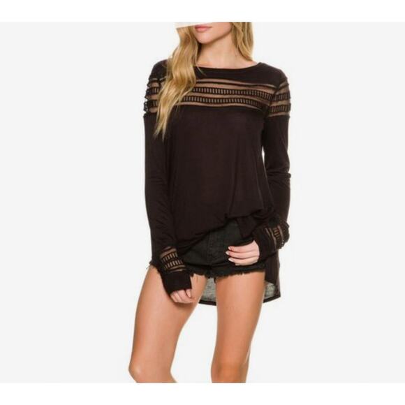 Free People Black Long Sleeve Roxie Mesh Long Sleeve Tee Size XS - Picture 1 of 9